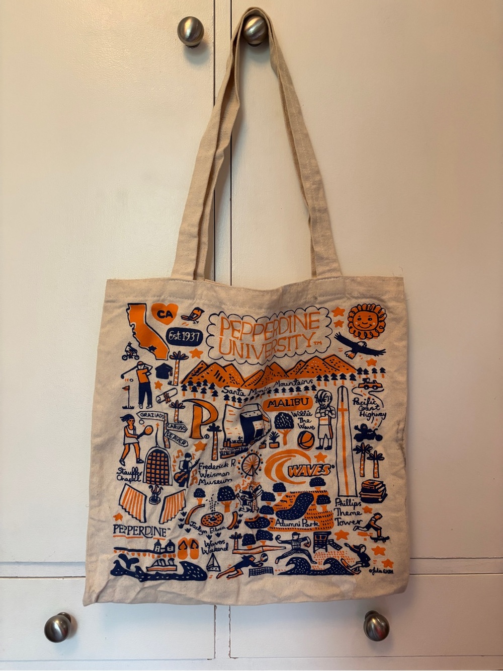 Pepperdine University Canvas Tote Bag - Cream with Blue & Orange Print